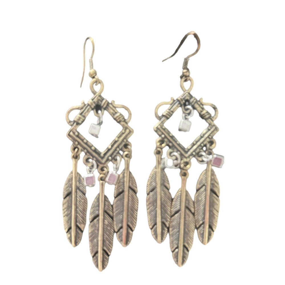Boho Antique Gold Tone Feather Chandelier Earrings Hippie Style Bead Dangles